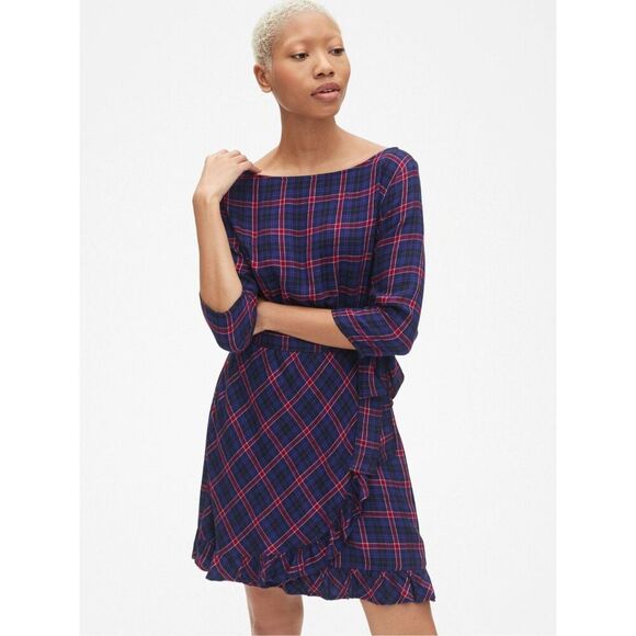 NEW GAP Women’s Small Tall Plaid Faux-Wrap Ruffle Hem Dress - Picture 2 of 5